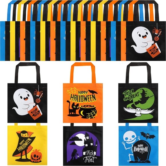 32 Non-Woven Halloween Tote Gift Bags Colorful for Kids, 6 Patterns Design Trick - Picture 1 of 9